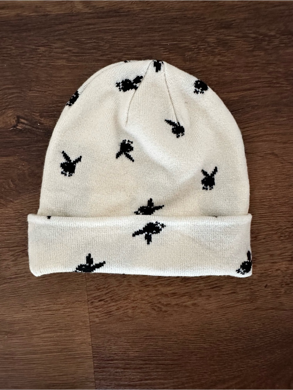 Playboy Bunny Beanie White Hat with Black Bunny Pattern